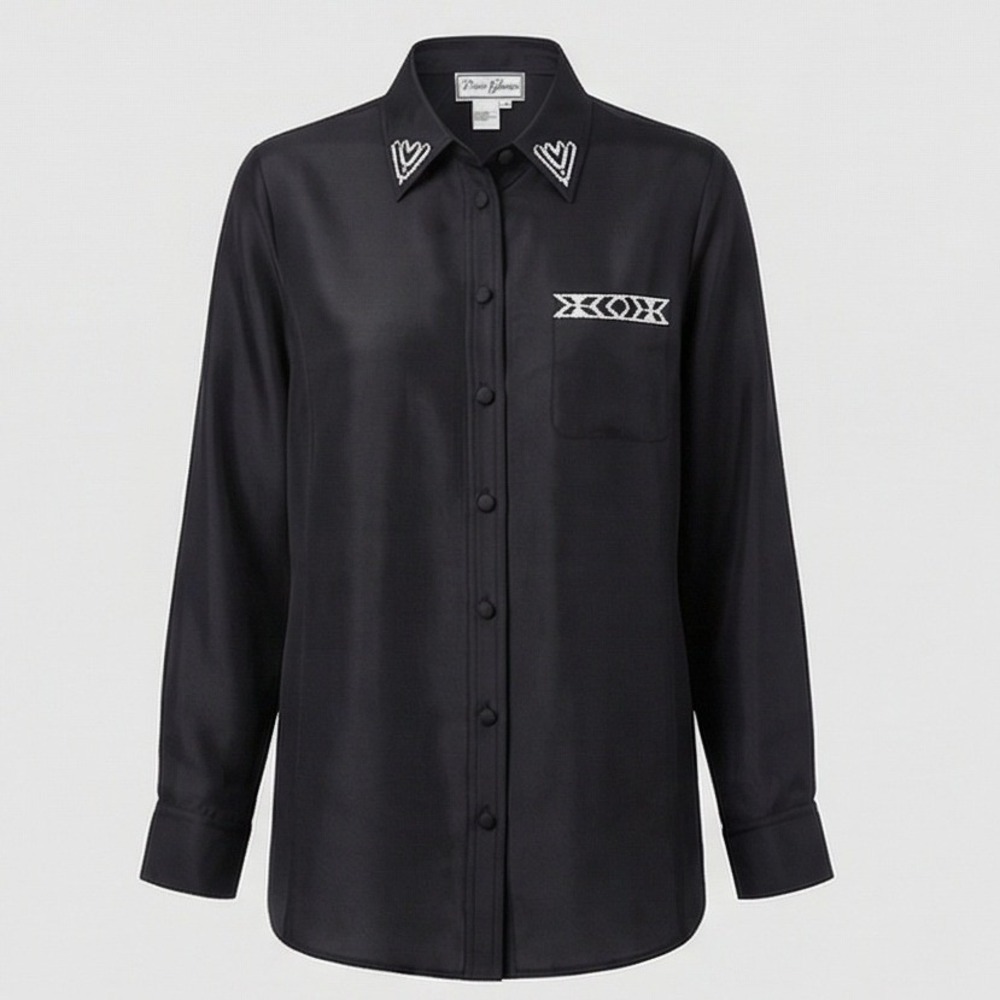 Vintage Diane Gilman 100% Silk Beaded Button Up Shirt Black‎ Plus Goth 1X NWT